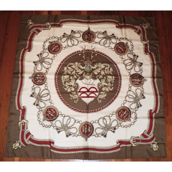 Vintage Coat-of-Arms SCARF Antlers Chains Rope Tassels SILK 34" Square Taupe Red - Picture 1 of 6